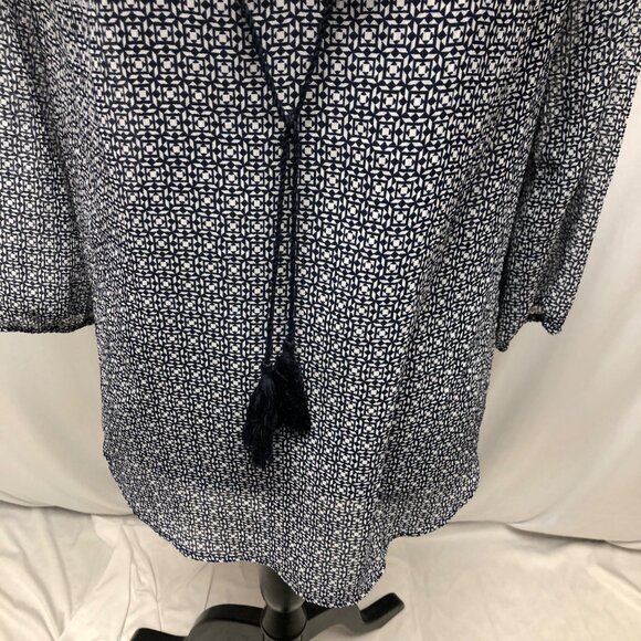 St Johns Bay Sheer Blouse Womens Sz Medium Geometric Blue White Tassel Tie Boho - Picture 3 of 10